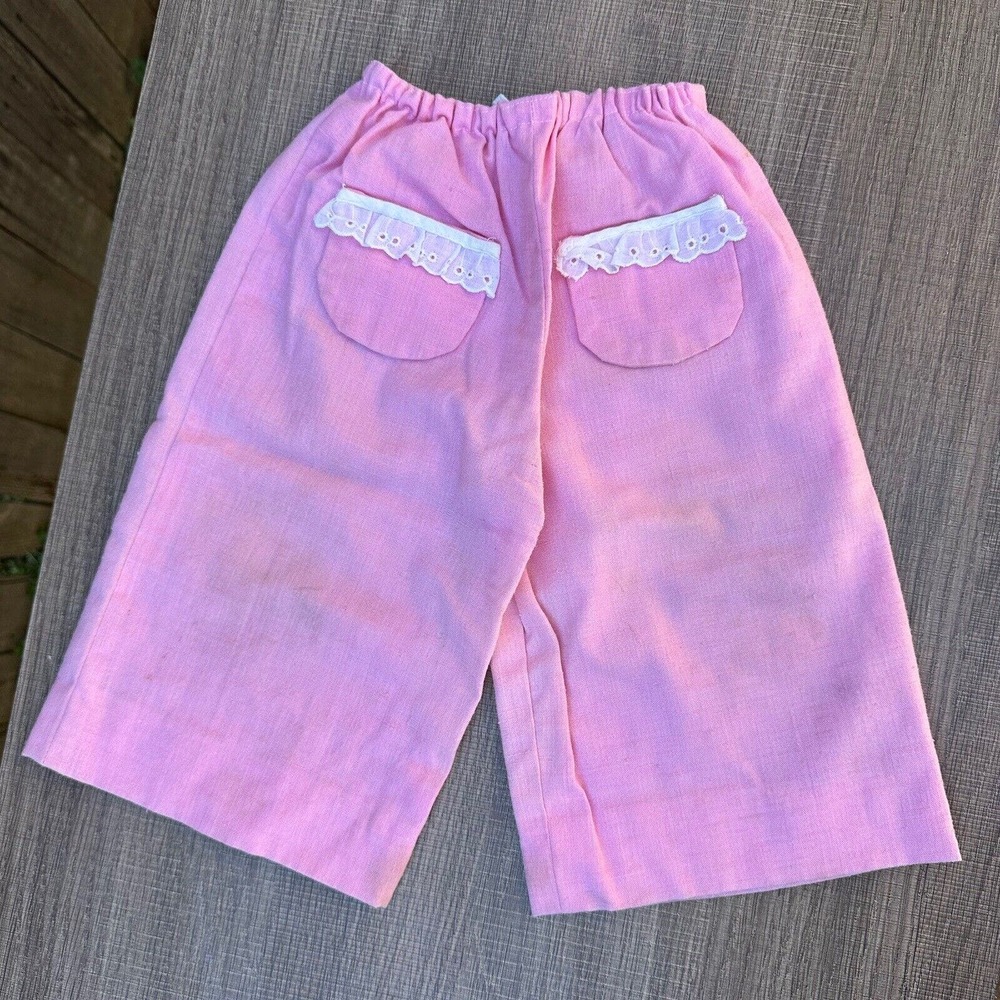 Vintage 1970s Pants Infant Size 18 Months Pink Eyelet Pockets Pull On Retro